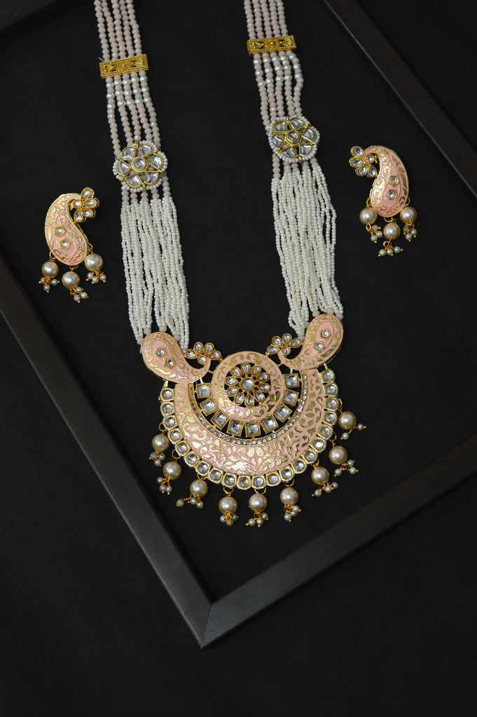 Peach Kundan with Pearl Meenakari Necklace Set with Earrings - Long Necklace
