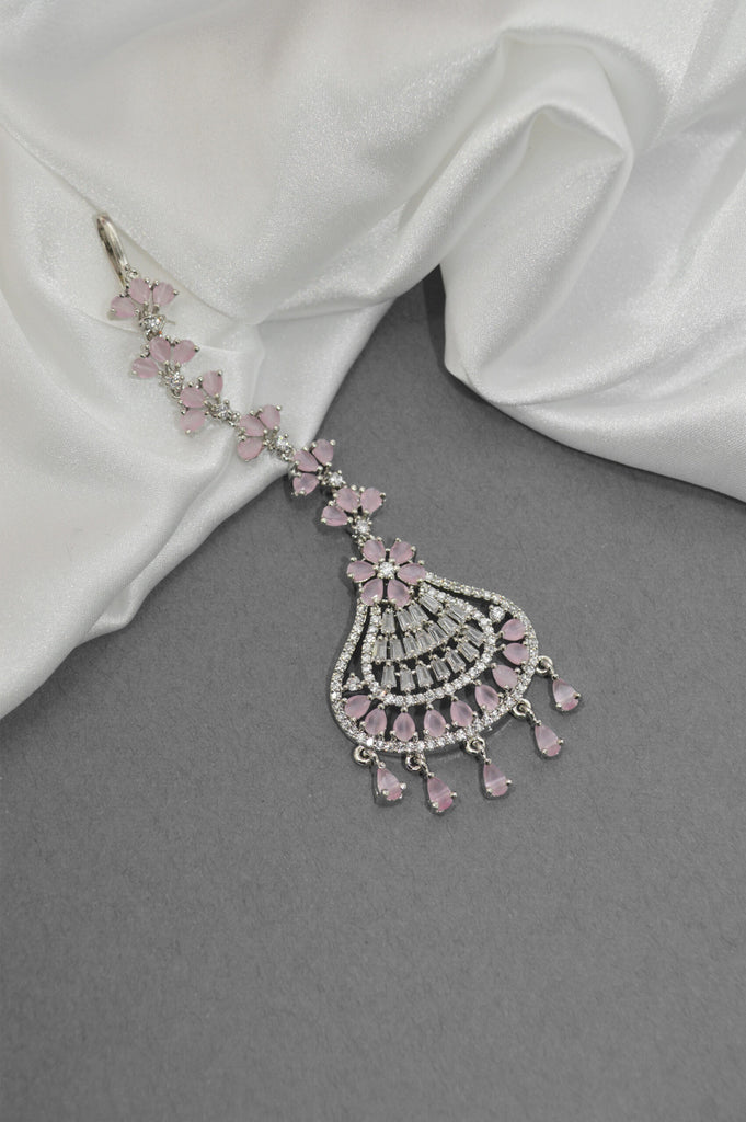 American Diamond Pink Stone Silver Plated Maangtikka - Maang Tikka design - Bridal Maang Tikka