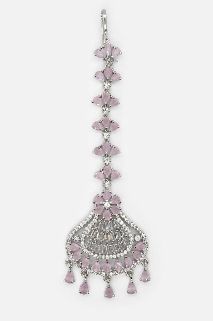 American Diamond Pink Stone Silver Plated Maangtikka - Buy Designer Bridal Maang Tikka Online