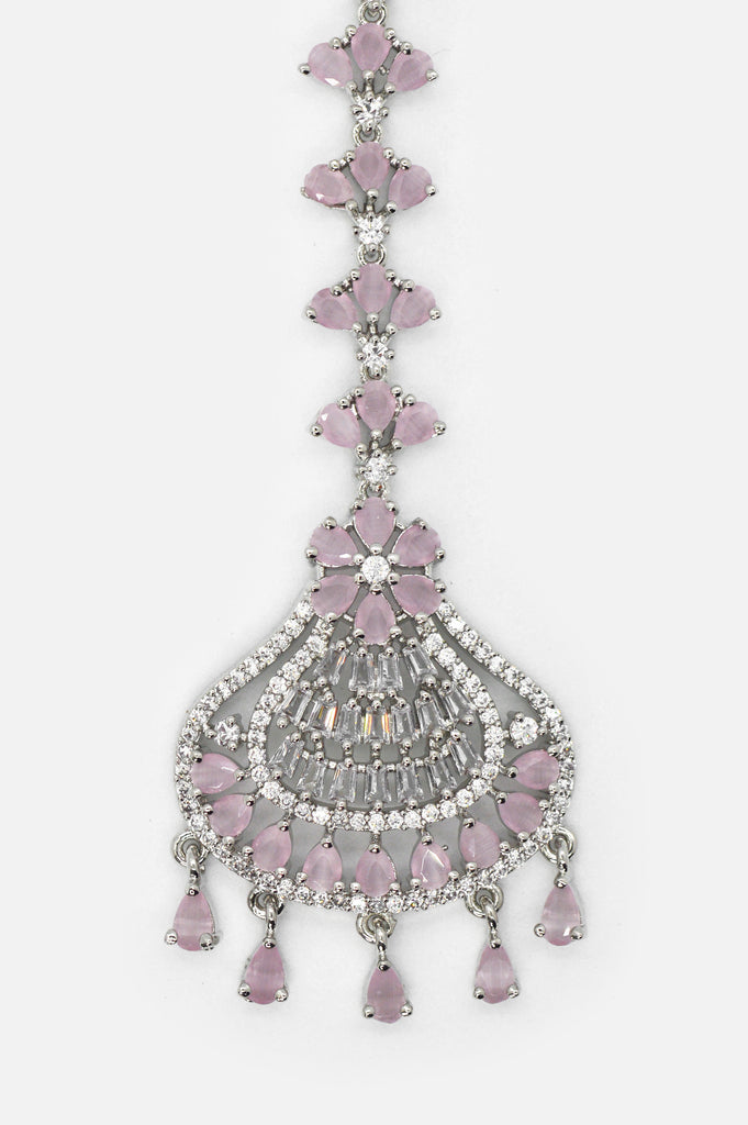American Diamond Pink Stone Silver Plated Maangtikka - Designer Maang Tikka - Niscka