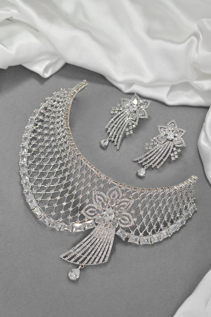 American Diamond Silver Plated Royal Necklace Set - American Diamond Necklace Jewellery Set Online