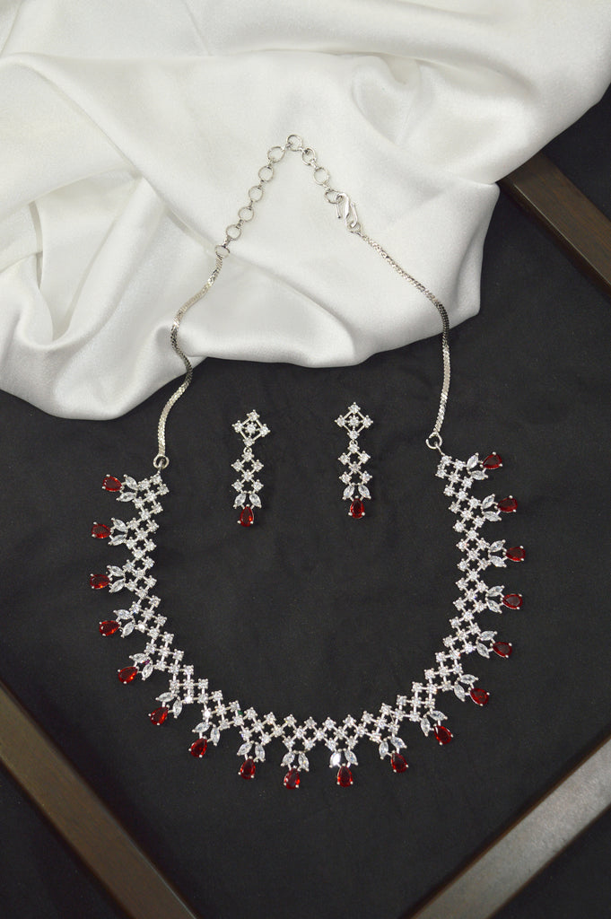 American Diamond Raspbessy Red Necklace Set - Ad jewellery - American Diamond Necklace with price