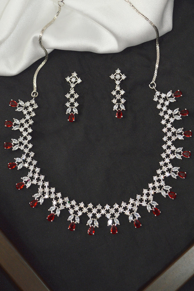 American Diamond Raspbessy Red Necklace Set -  ‎Impressive American Diamond Necklace - Luxurious American Diamond jewellery Online India