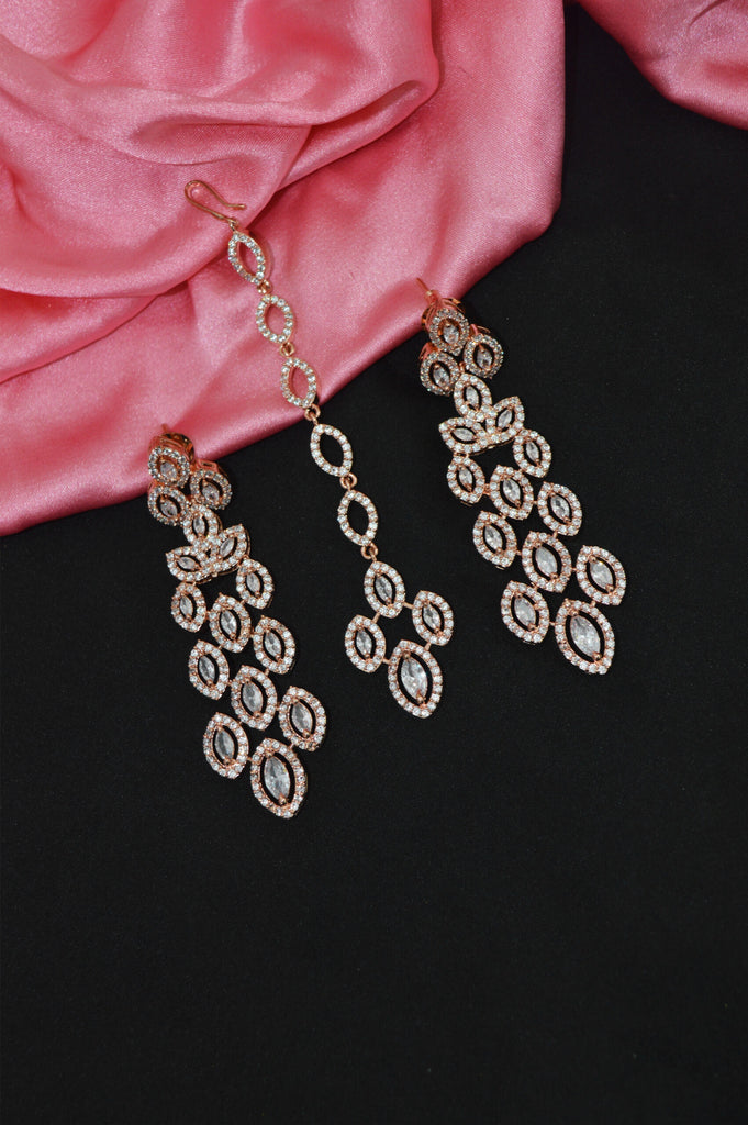 American Diamond Rose Gold Plated Maangtika With Earrings - Niscka