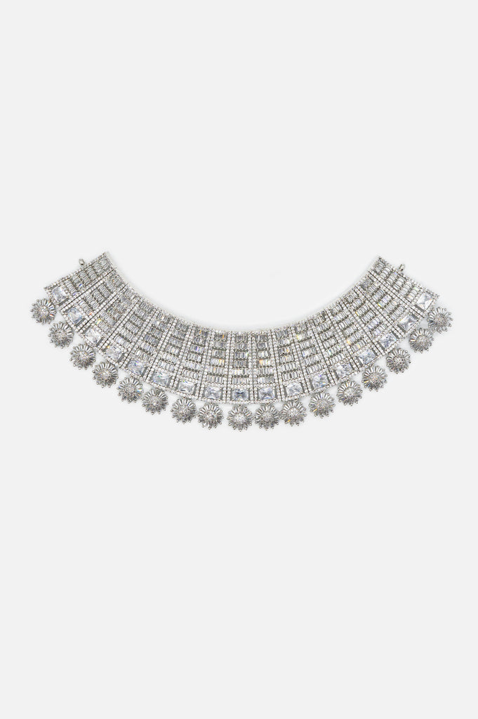 American Diamond Rhodium Silver Maharani Haar Necklace 