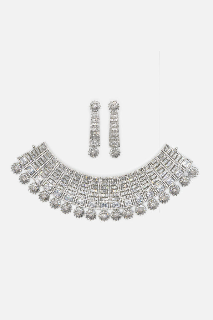 American Diamond Silver Maharani Haar Necklace for Women - Niscka