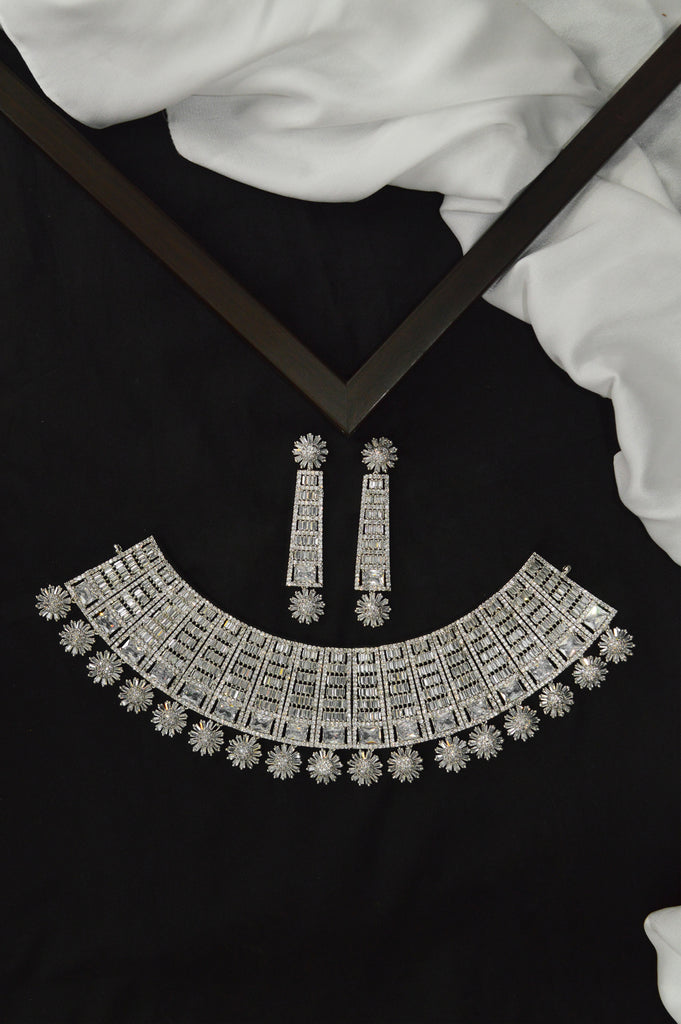 American Diamond Silver Maharani Haar Necklace for Women 