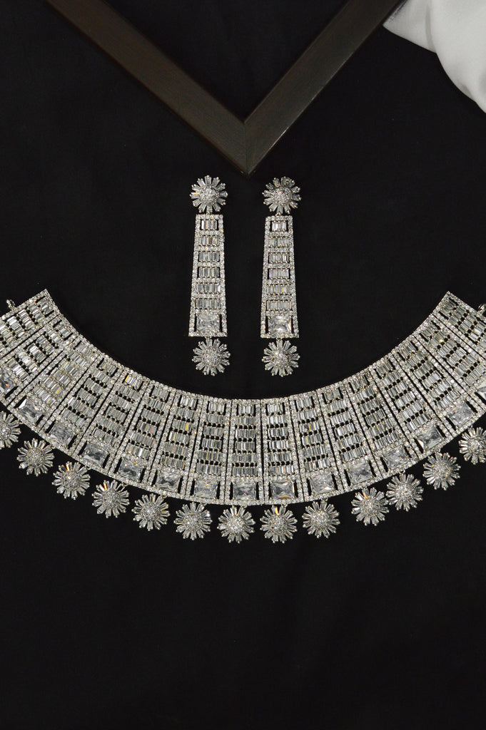American Diamond Rhodium Silver Maharani Haar Necklace Set - Buy Silver Rani Haar Online In India