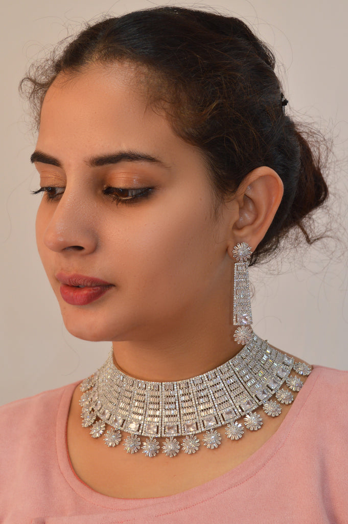 American Diamond Rhodium Maharani Haar Necklace Set - Niscka