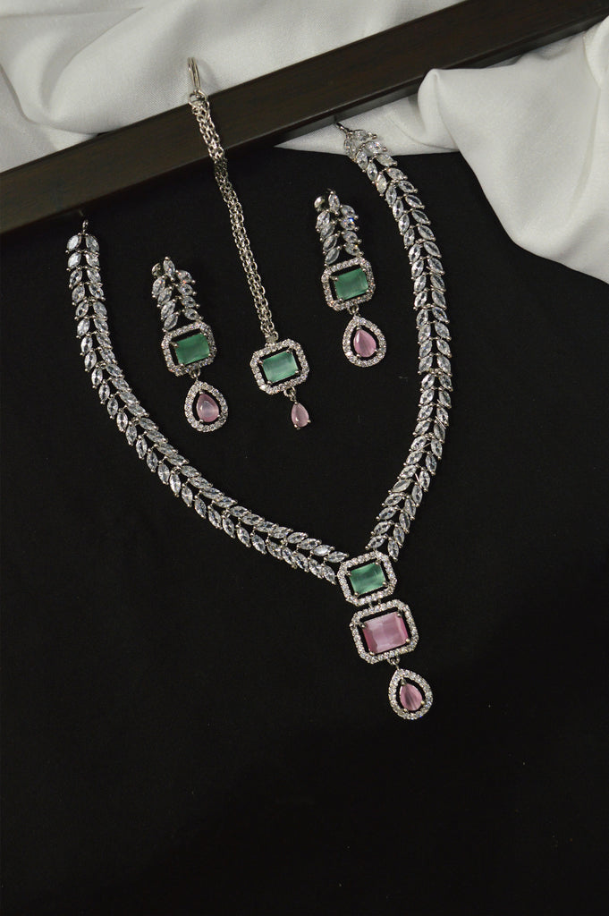 American Diamond Rhodium Necklace Set - Modern Necklace for Saree