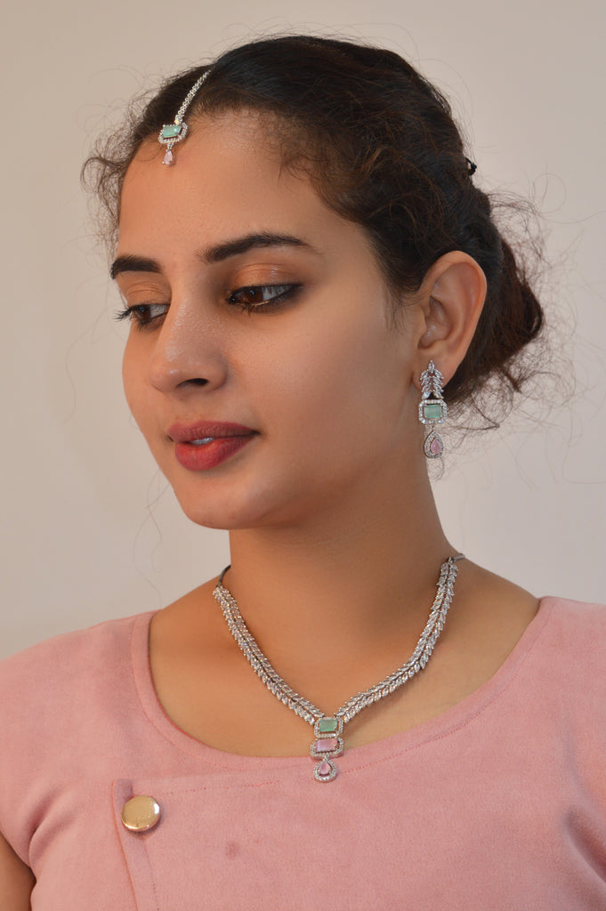 American Diamond Pink Caribbean Rhodium Necklace Set - Artificial Jewellery Sets - Buy Fashion Jewelry Sets - Artificial Necklace Sets at Best Price in India