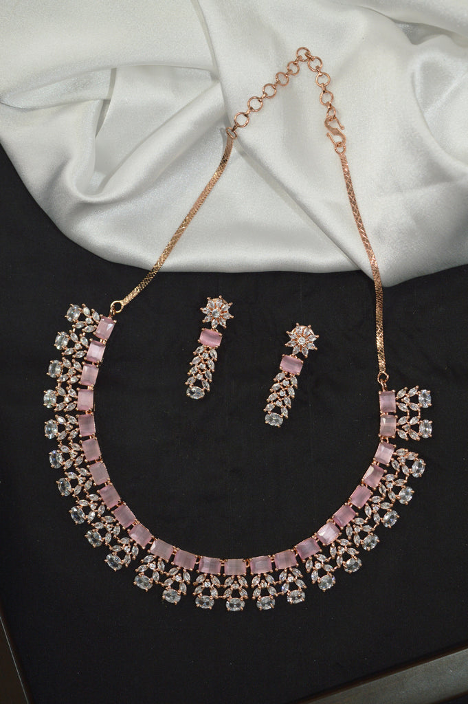 American Diamond Rose Gold Plated Pink Necklace Set