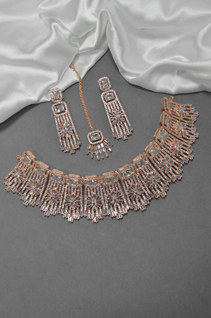 American Diamond Rhodium Rose Gold Maharani Necklace Set - Buy Maharani Jewelry Set Online