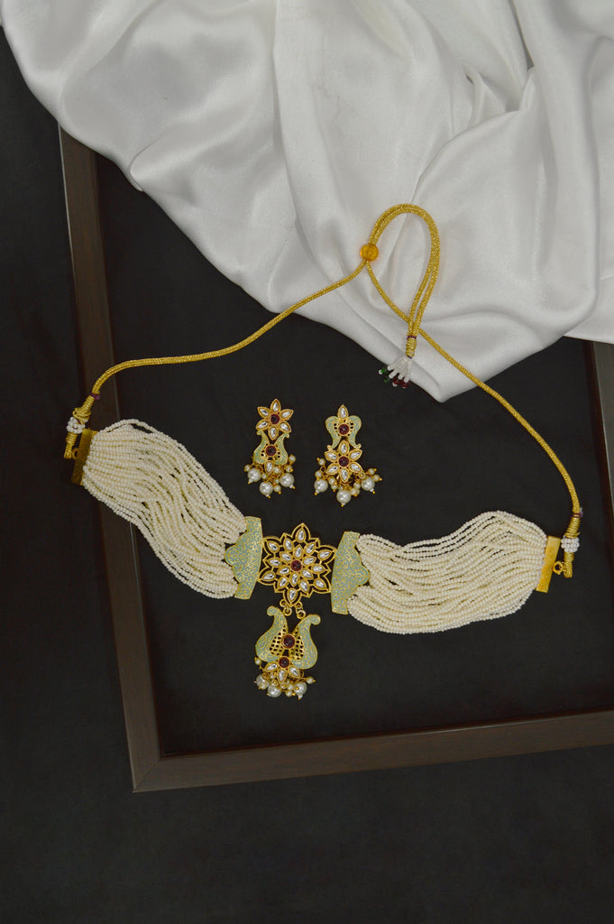 Light Green Bead Meenakari Gold Plated Choker Necklace Set  - Necklace