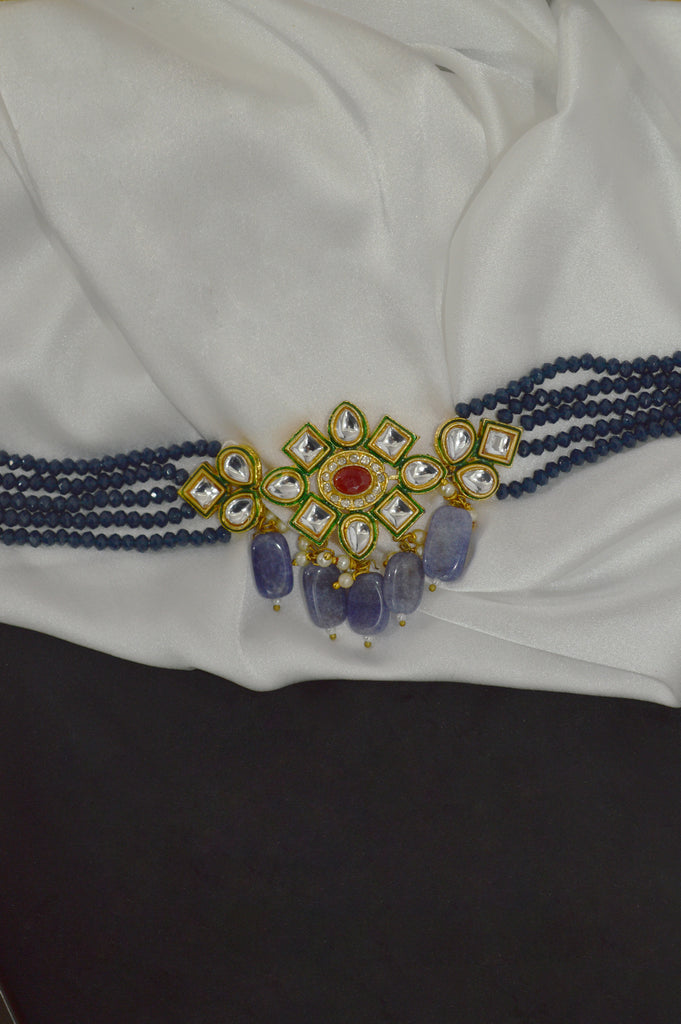 Deep Blue Meenakari Gold Plated Choker Necklace Set - Necklace