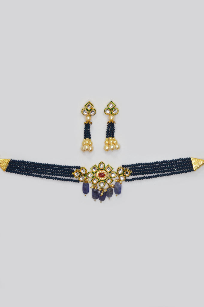 Deep Blue Meenakari Gold Plated Choker Necklace Set 