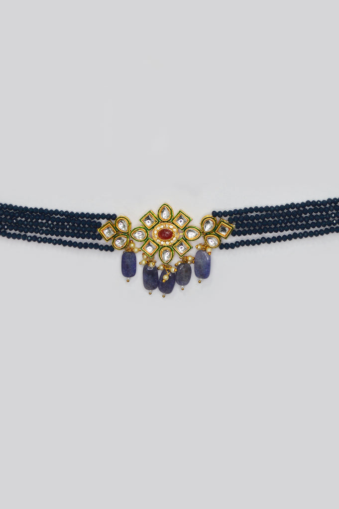Deep Blue Meenakari Gold Plated Choker Necklace Set - Dulhan Set