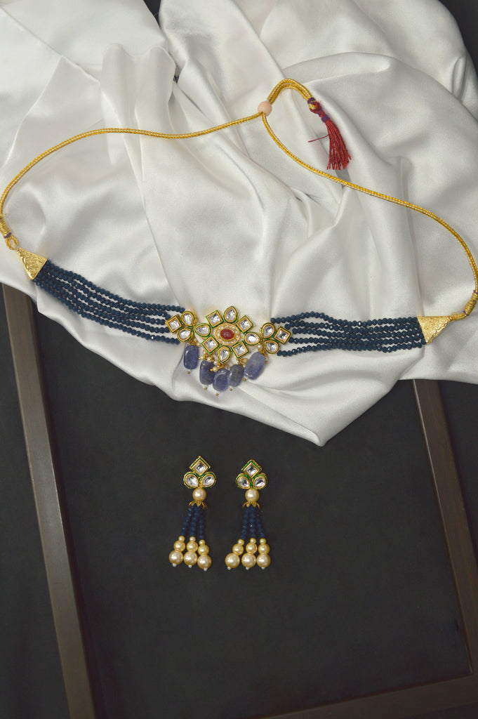 Deep Blue Meenakari Gold Plated Choker Necklace Set - Necklace Design