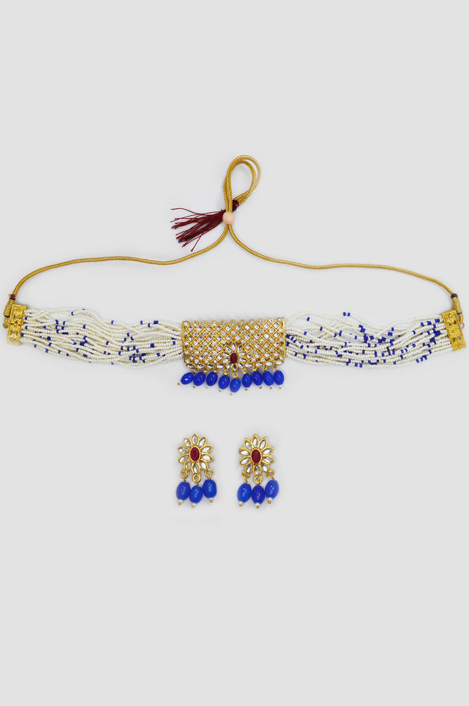 Blue Pearl Gold Plated Meenakari Choker Necklace Set