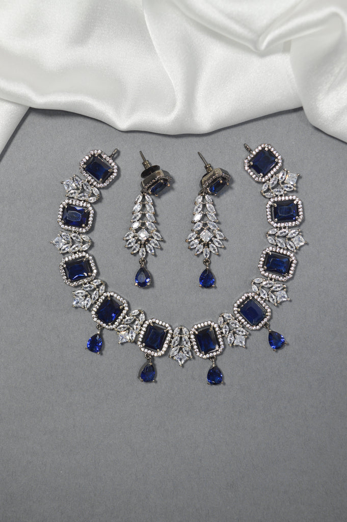 American Diamond Rhodium Luxury Blue Necklace Set - Buy Blue Jewellery Set online in India
