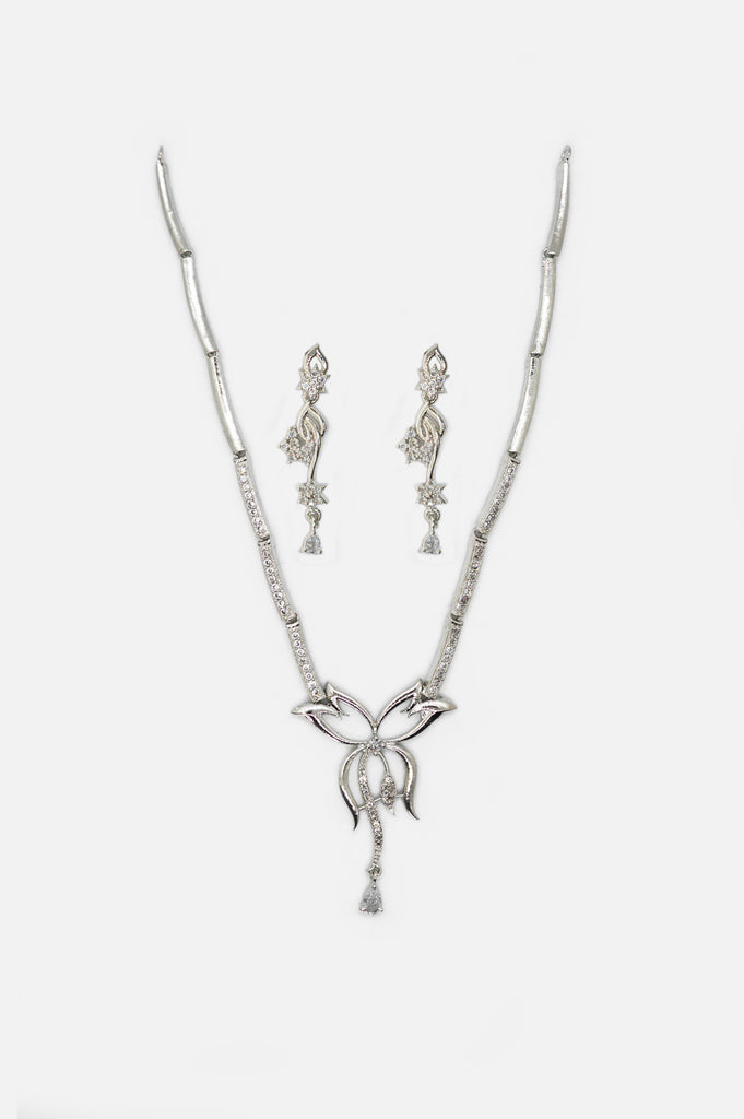 American Diamond Silver Plated Lotus Pendant Necklace Set - Niscka