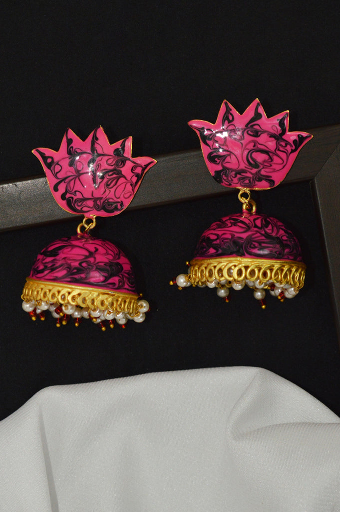 Punch Pink Gradient Lotus Jhumka Online - Niscka 