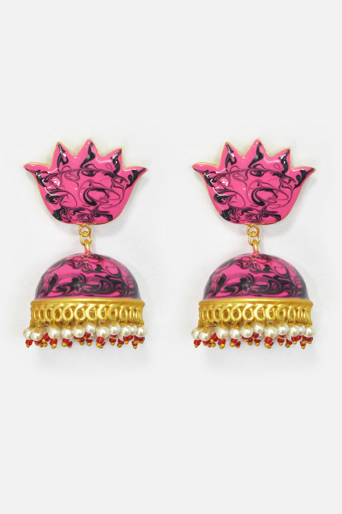 Punch Pink Gradient Lotus Jhumka Earrings -  Lotus Jhumka Price