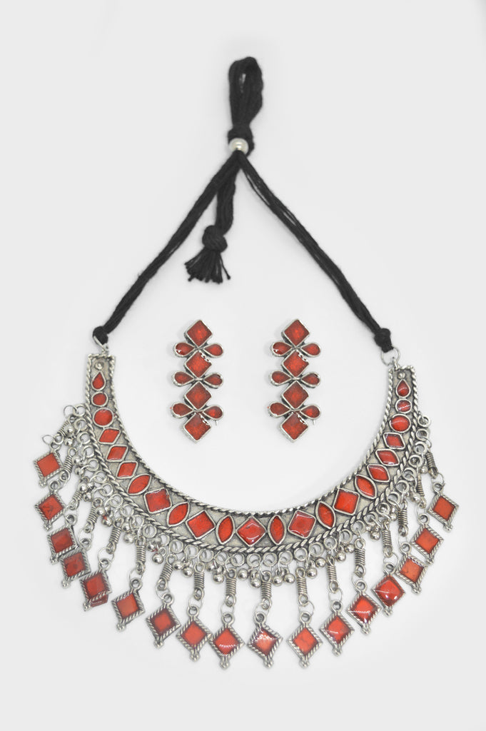 Red Afghani Oxidized Necklace Set Online - Artificial Necklace Sets Online