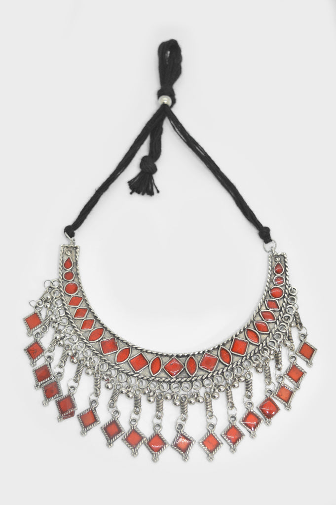 Red Afghani Oxidized Necklace Set with Earrings for Women - Red Stone Necklace Designs