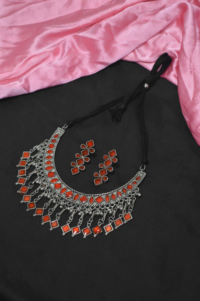 Red Afghani Oxidized Necklace Set - Red Necklace set Online