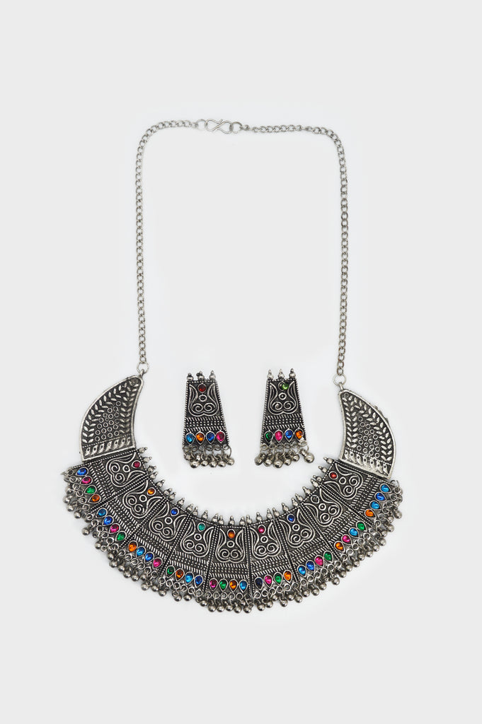 Multicolor Gems Studded Oxidized Necklace - Artificial Necklace online shopping