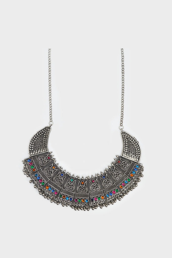 Multicolor Gems Studded Oxidized Necklace 