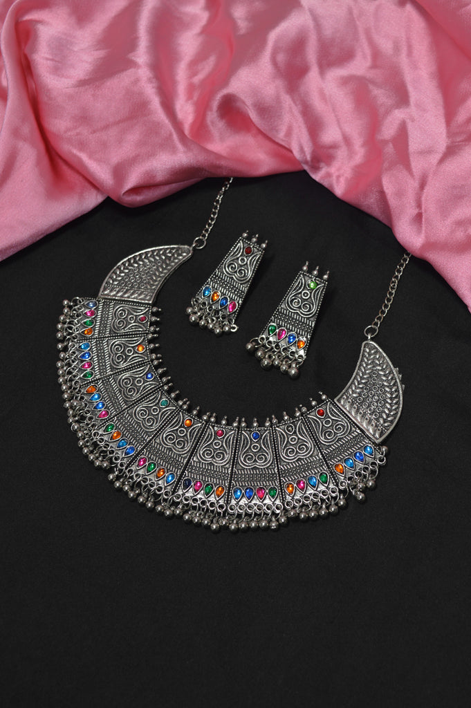 Multicolor Gems Studded Oxidized Necklace Set