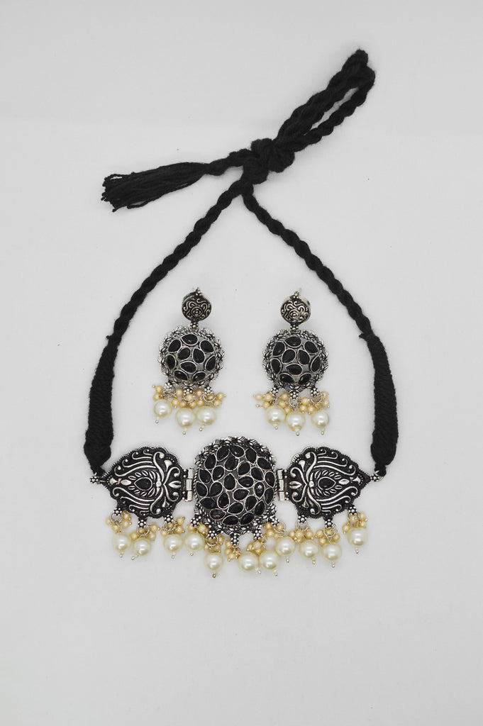 Black Oxidized Choker Necklace Set with Earrings Online