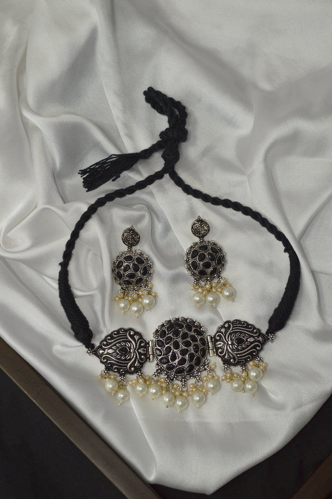 Black Oxidized Choker Necklace Set with Pearls for Women
