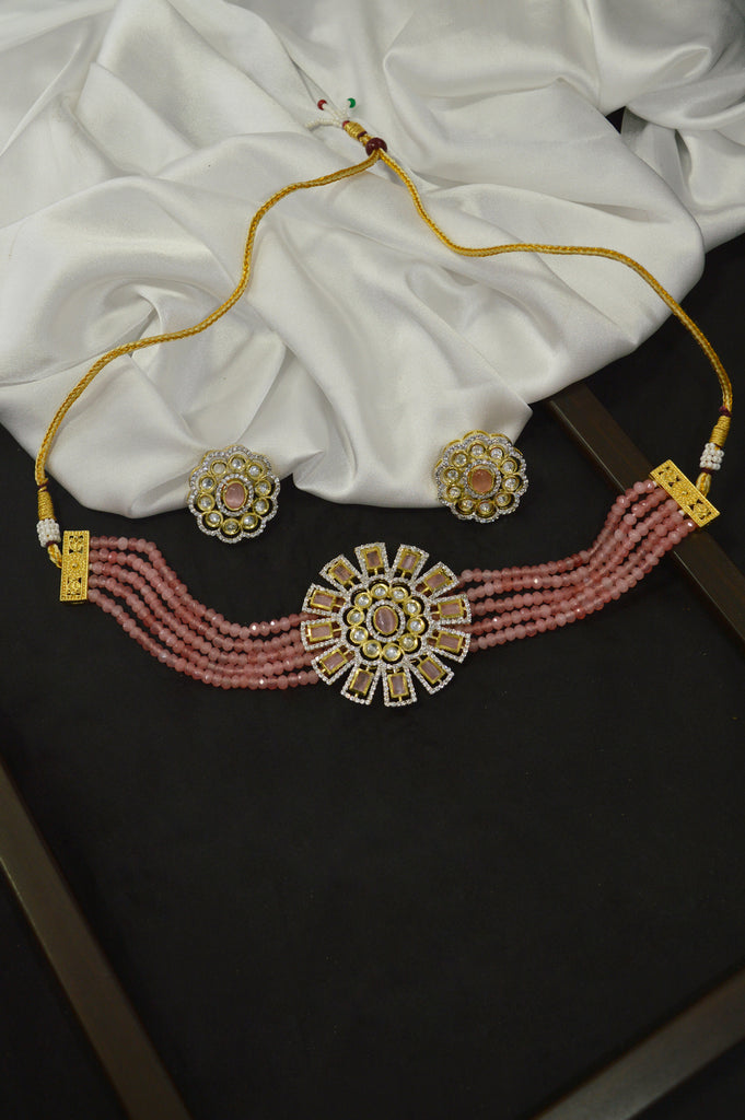 Handcrafted Pink Colour Choker Necklace Set - Simple Choker Necklace for Saree