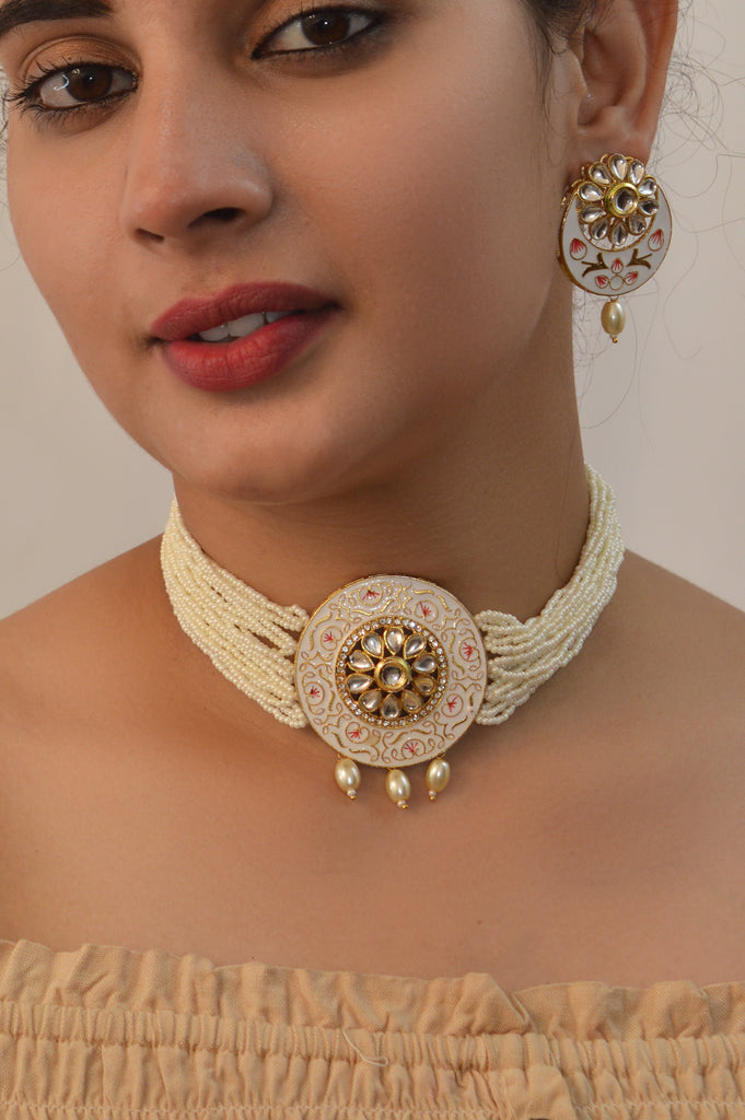 White Meenakari Choker Necklace Set for Women