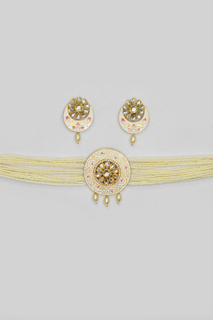 White Meenakari Choker Necklace Set with Earrings
