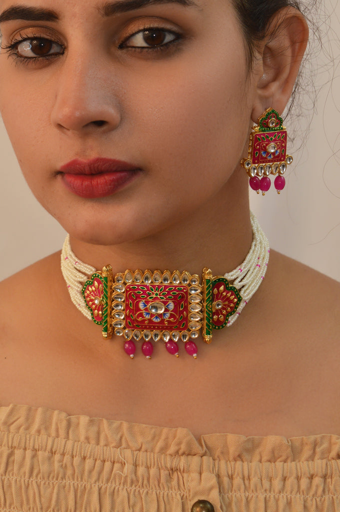 18K Gold Plated Pink and Green Colour Meenakari Choker Necklace with Earrings - Choker Jewellery Set - Necklace Set by Niscka Jewellery
