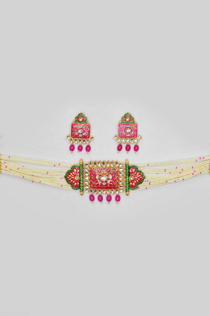 18K Gold Plated  Meenakari Choker Necklace Set by Niscka Accessories for Party Wear - Wedding Wear - Meenakari Necklace Set 