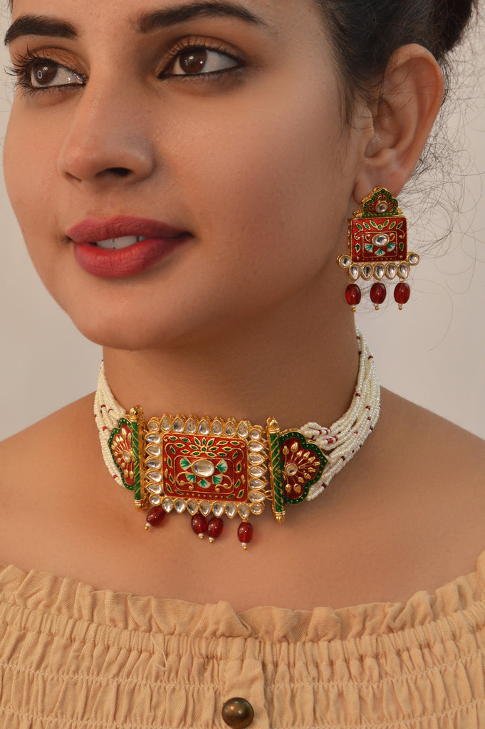 18K Gold Plated Red and Green Colour Meenakari Choker Necklace with Earrings