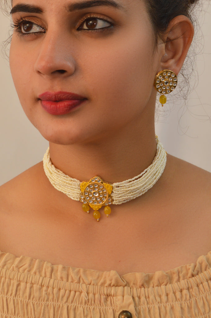 Handcrafted 18K Gold Plated Yellow Choker Necklace Set Online - Traditional Choker Necklace online India