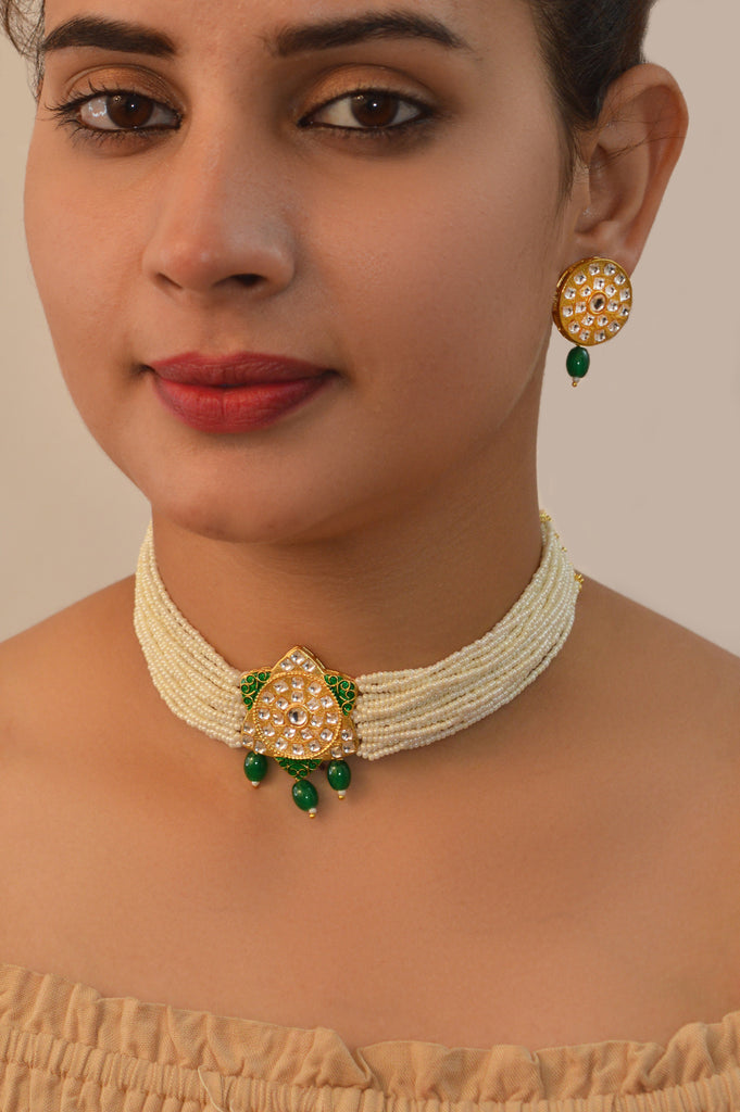 Handcrafted 18K Gold Plated Green Choker Necklace Set - Necklaces for Women - Jewellery set for Girls