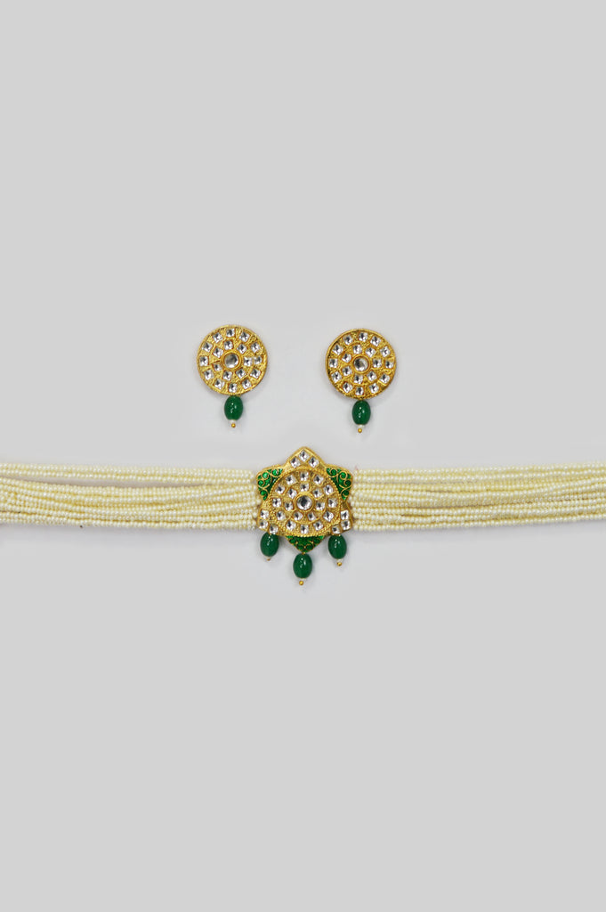 Handcrafted 18K Gold Plated Green Choker Necklace with Earrings Online - Necklace set below 500