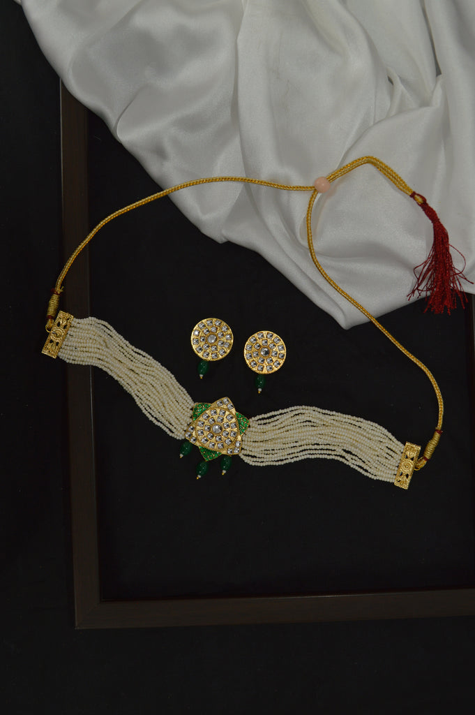 Handcrafted 18K Gold Plated Green Choker Necklace Set - Choker Necklace set below 500