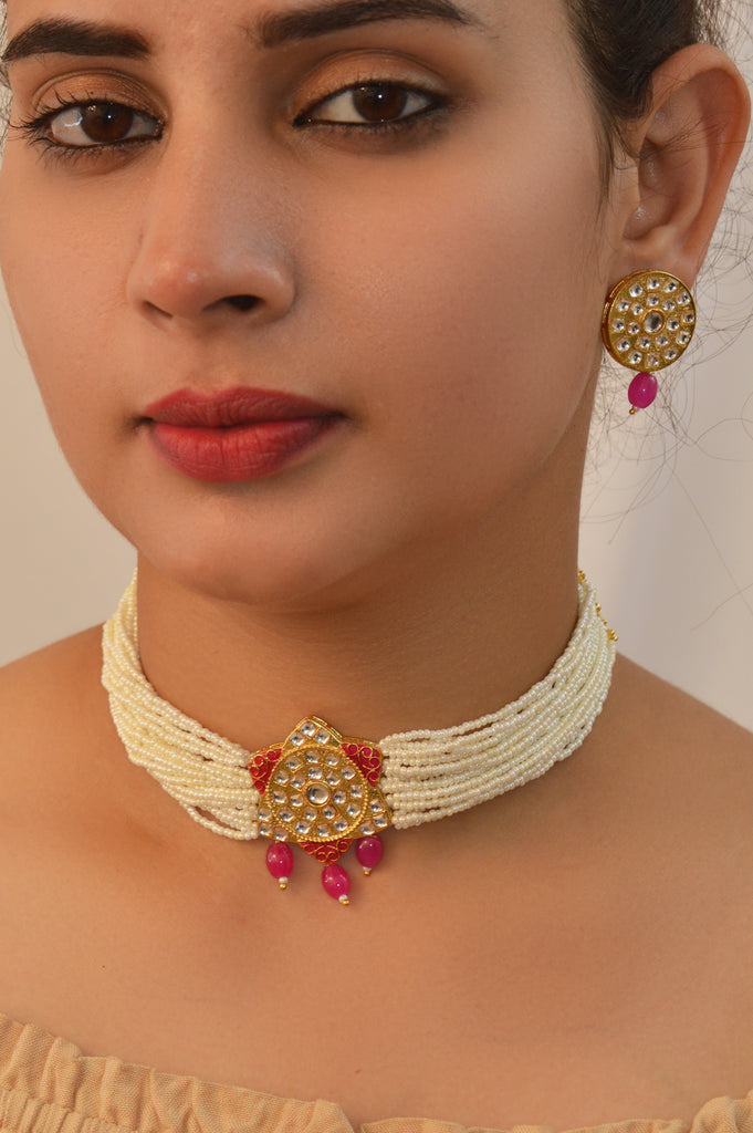 Handcrafted 18K Gold Plated Pink Choker Necklace Set with Earrings - Choker Necklace for girls