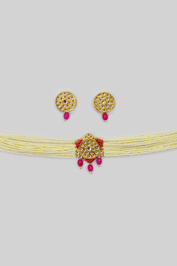Handcrafted 18K Gold Plated Pink Choker Necklace Set Online - Traditional Choker Necklace online