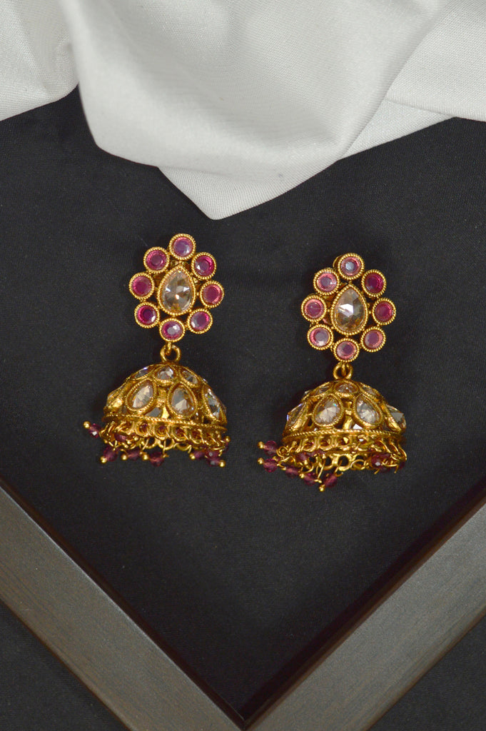 Pink Gold Plated Kundan Jhumki Earring Online - Niscka 