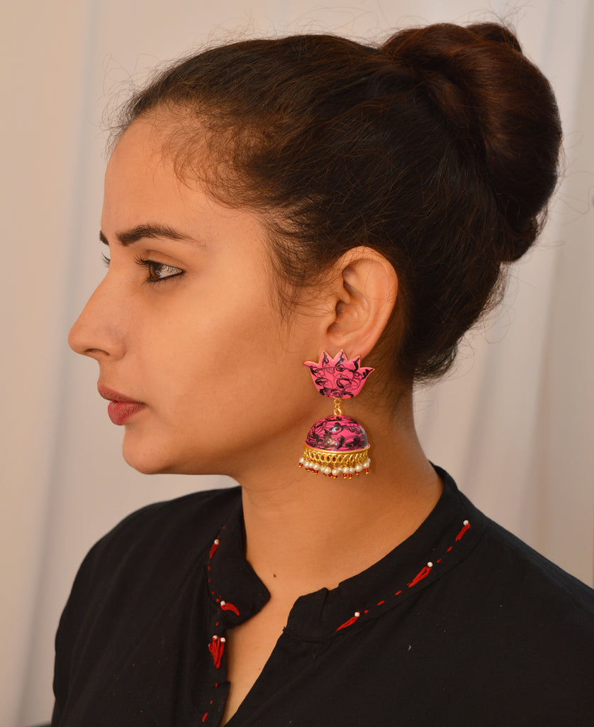 Punch Pink Gradient Lotus Jhumka Earrings Online - Lotus Jhumka Bali