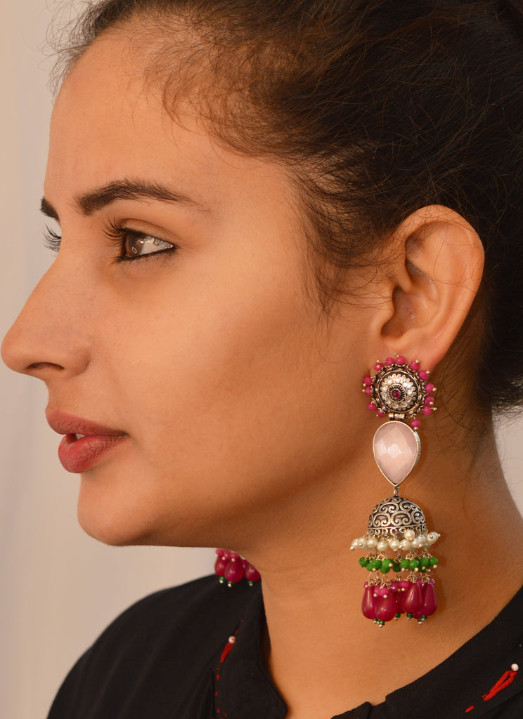 Pink Punch Droplet Jhumka Earrings - Traditional Jhumkas Online